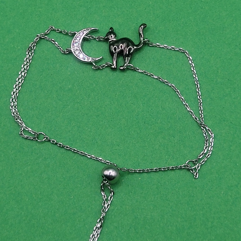 Adjustable sterling silver vintage moon and cat bracelet